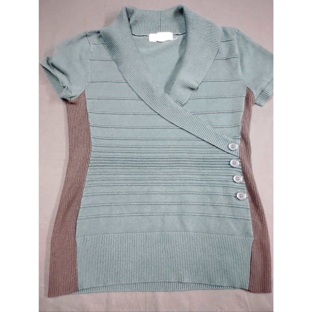 Pink Rose Teal Wrap-Style V-neck Knit Top with black colorblock side Panels